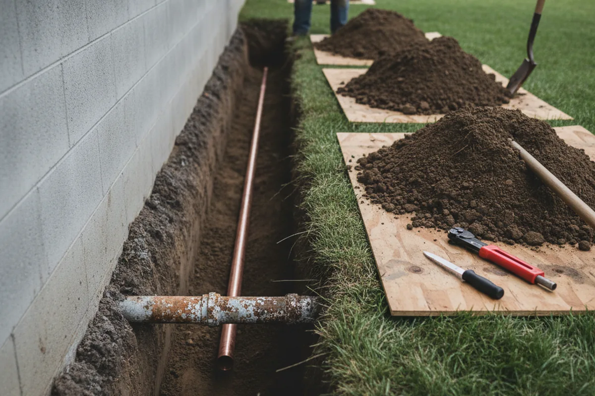 Excavated water line trench during Water Softener Installation in Lansdowne